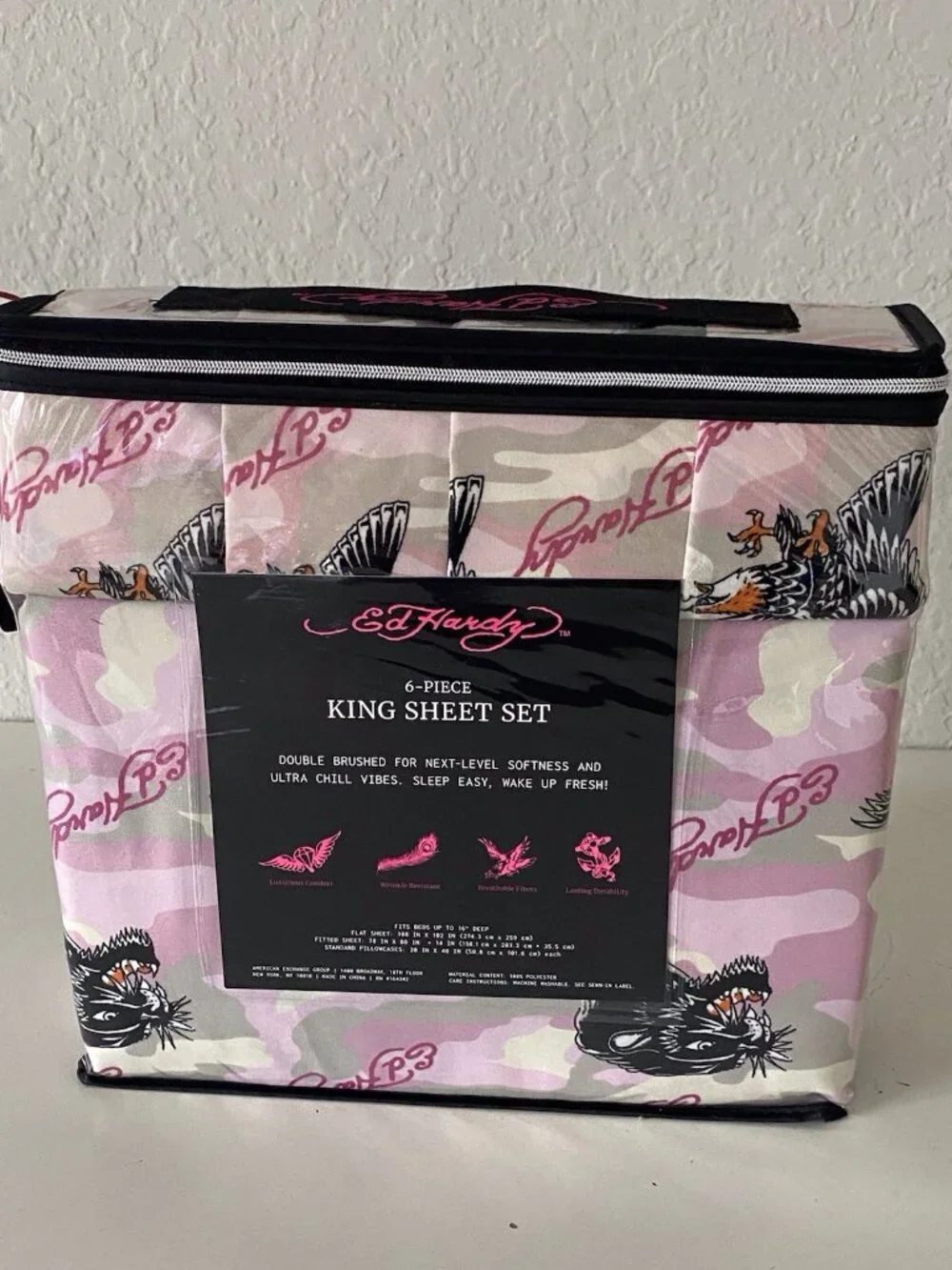 6 Piece Ed Hardy KING Size Sheet Set Pink‎ Grey Camo Eagle Tiger Logo NEW